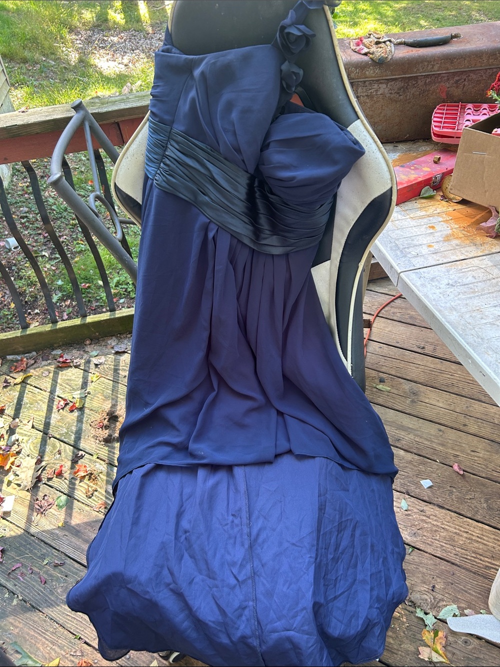 Navy Blue Strapless Chiffon Evening Dress